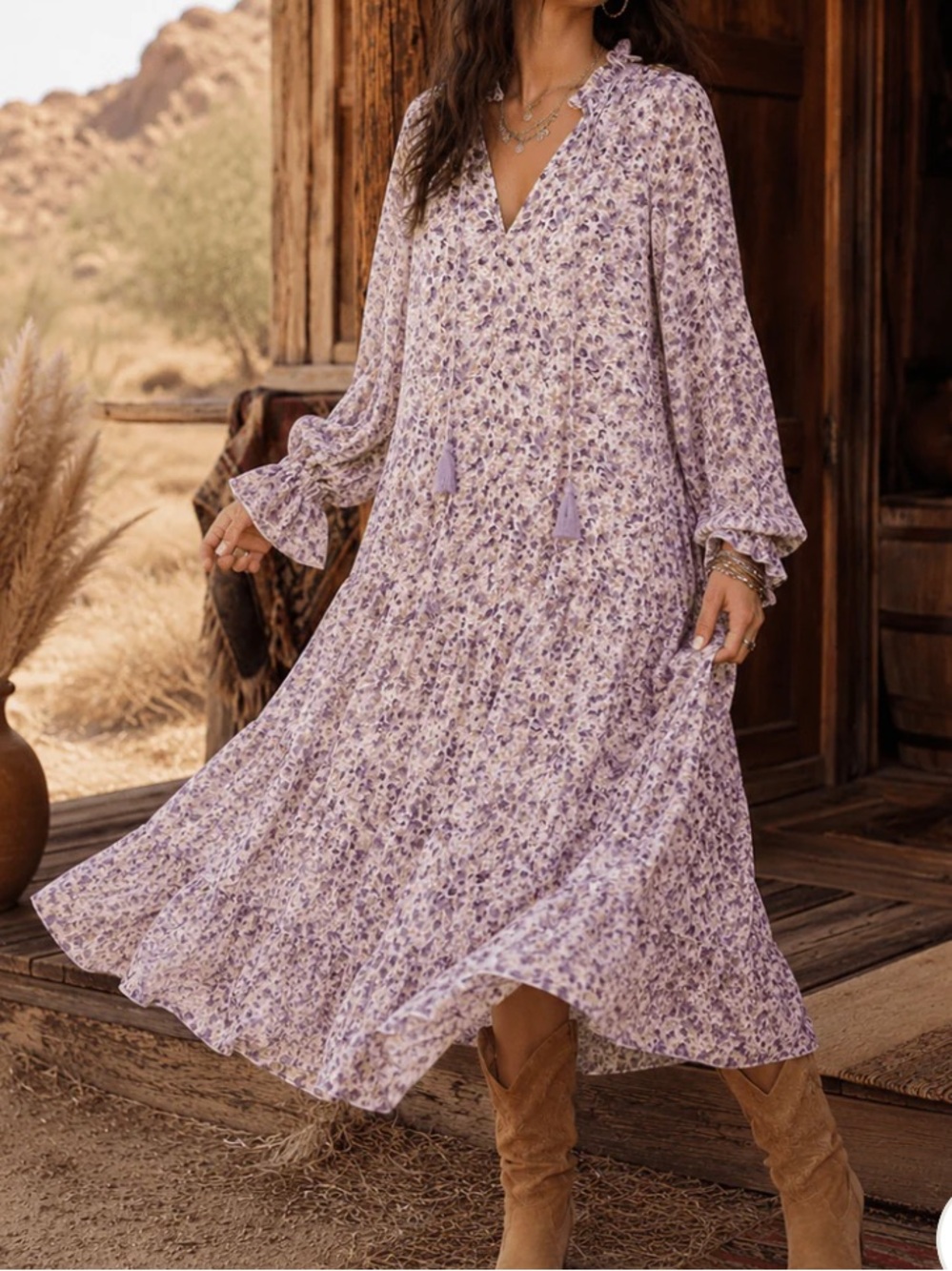 D149 Floral Lavender Ankle Grazing Flowy Lined along Sleeve Ruffle Maxi Dress